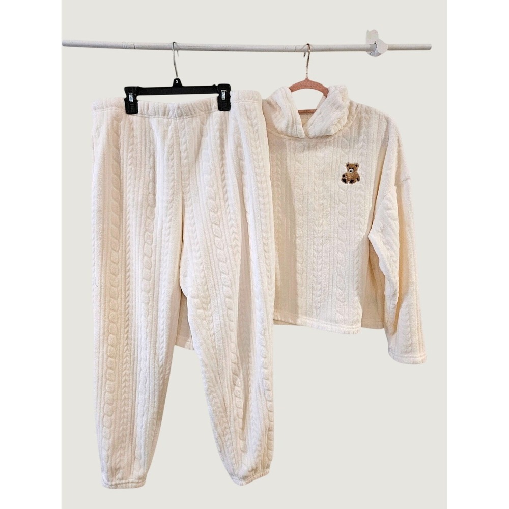 Joyspun Women Cream Cable Knit Fleece Pajama Set Teddy Bear Hoodie Joggers M
